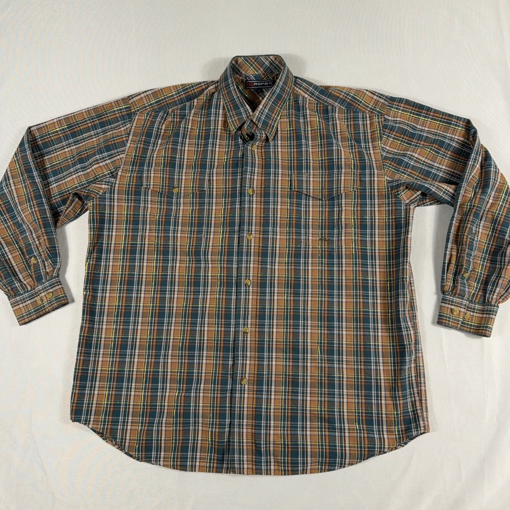 Roper Western Shirt Plaid Gold Shimmer Metallic Button Down Mens‎ Large L